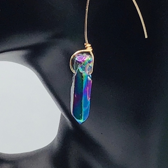 GEM Earrings Quartz Crystal Points Titanium Oil Slick Coating Ear Wire Boho - Picture 2 of 7